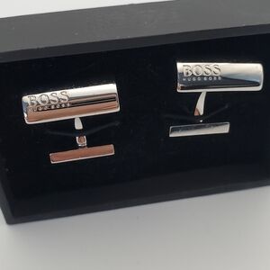 HUGO BOSS Silver Cufflinks Sleek Rectangular Modernist Minimalist Luxe Design